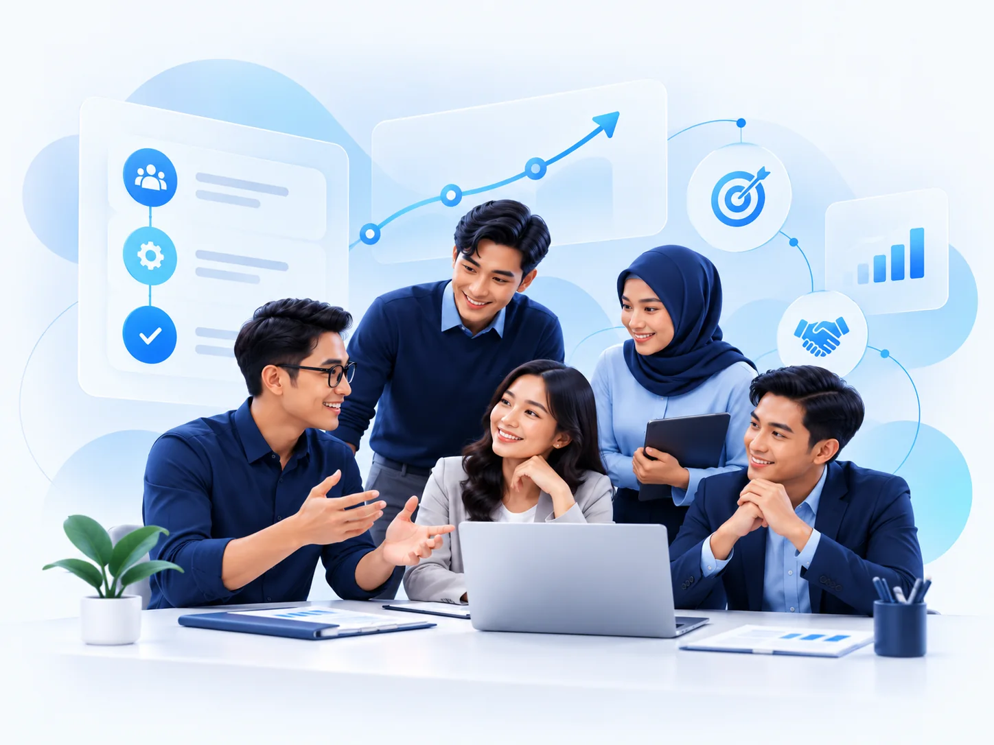 Ilustrasi konseptual diskusi kolaborasi bisnis antara profesional IT