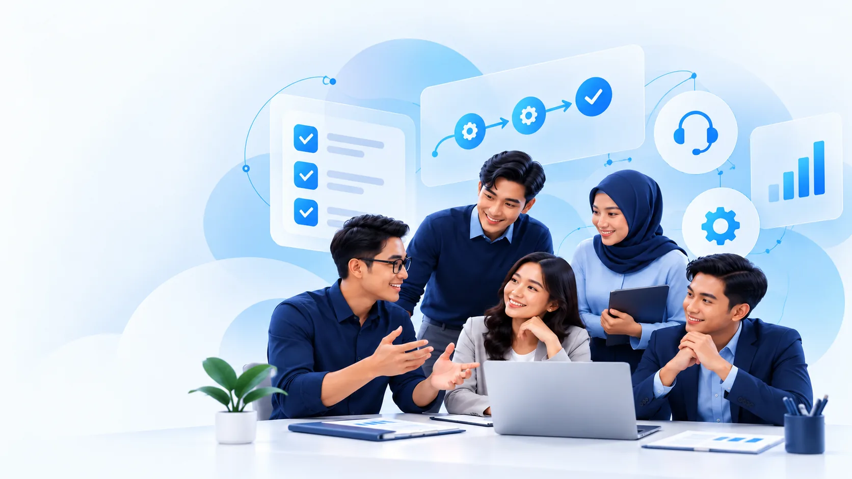 Ilustrasi SIDIK Talent hero V08: 16 modern blue teamwork collaboration landscape